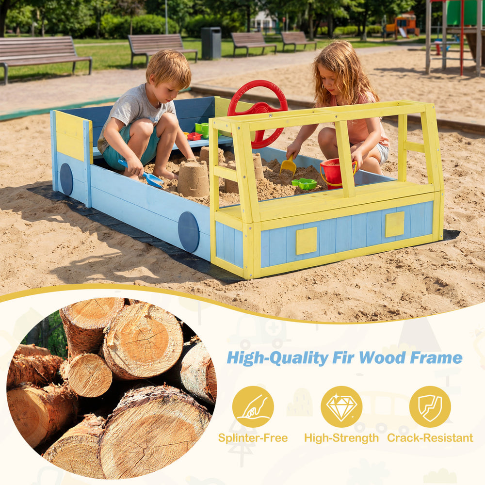 Large car-theme sandbox made of splinter-free fir wood, featuring a rotatable rudder and storage for sand toys.