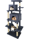 Large dark gray cat tree with multi-level platforms, condos, and hammock for indoor cats to climb and play.