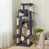 Large dark gray cat tree with multi-level platforms, condos, and scratching posts for indoor cats. Ideal for multi-cat.