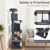 Large 70" dark gray cat tree with multi-level platforms, dual condos, and scratching posts for indoor cats.