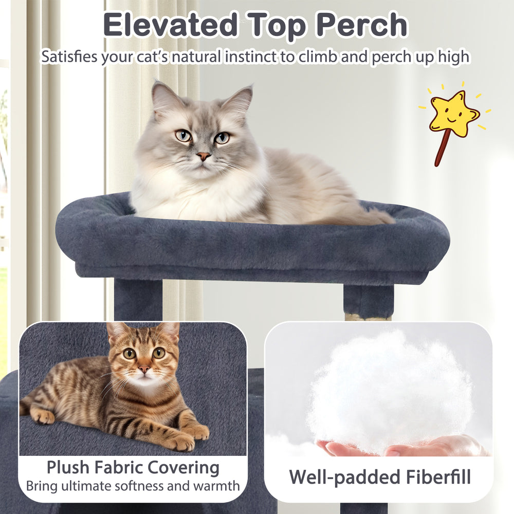 Large cat tree with elevated top perch, dark gray plush fabric, and dual condos for multi-cat households.
