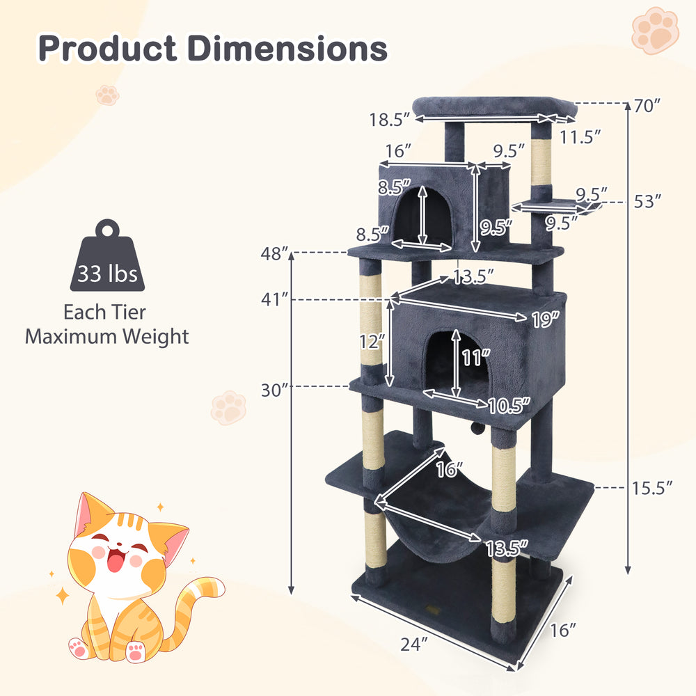 Large cat tree dimensions showing 70" tall dark gray tower with multi-level platforms and dual condos for indoor cats.