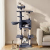 Large dark gray cat tree with multiple levels, cozy hammock, and scratching posts for indoor cats to play and relax.