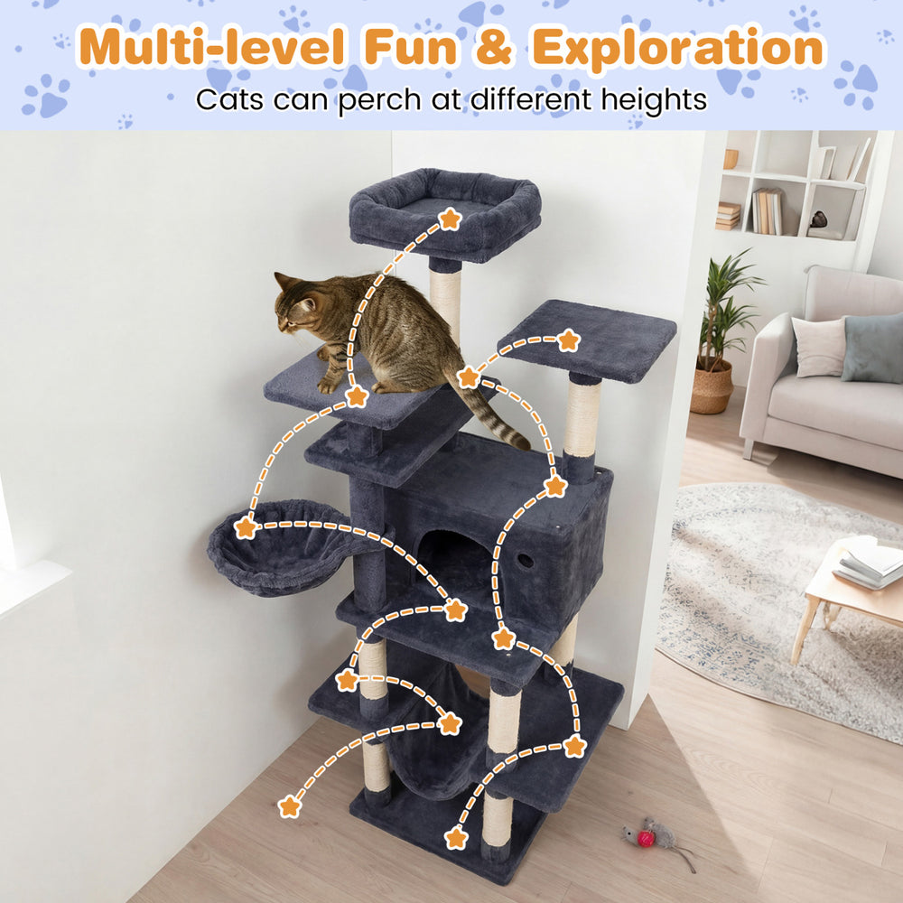 Large dark gray cat tree with multi-level perches, cozy hammock, and scratching posts for indoor cats' play and.