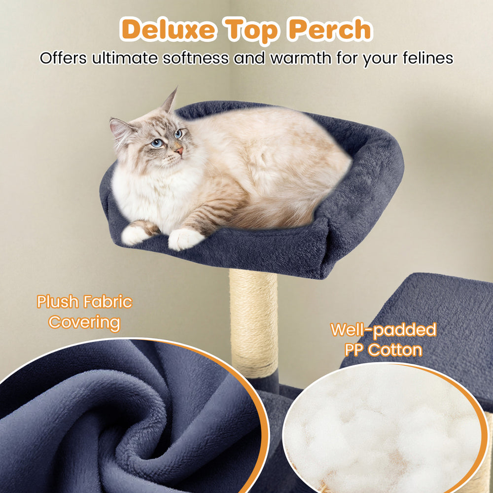 Deluxe top perch with plush fabric covering for ultimate softness, ideal for indoor cats to relax and unwind.