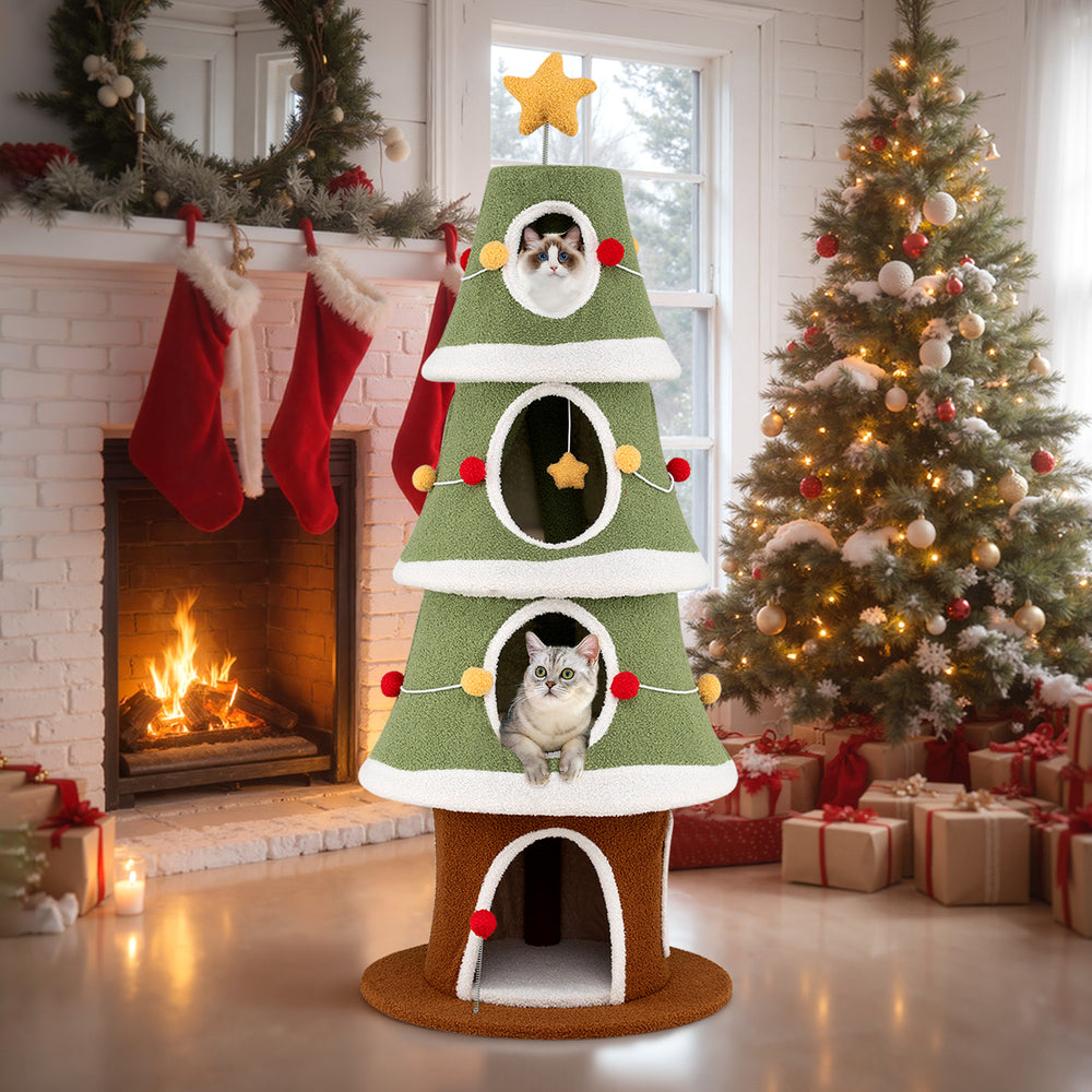Large Christmas cat tree with 4 condos, green design, and playful star toys, perfect for indoor cats during the.