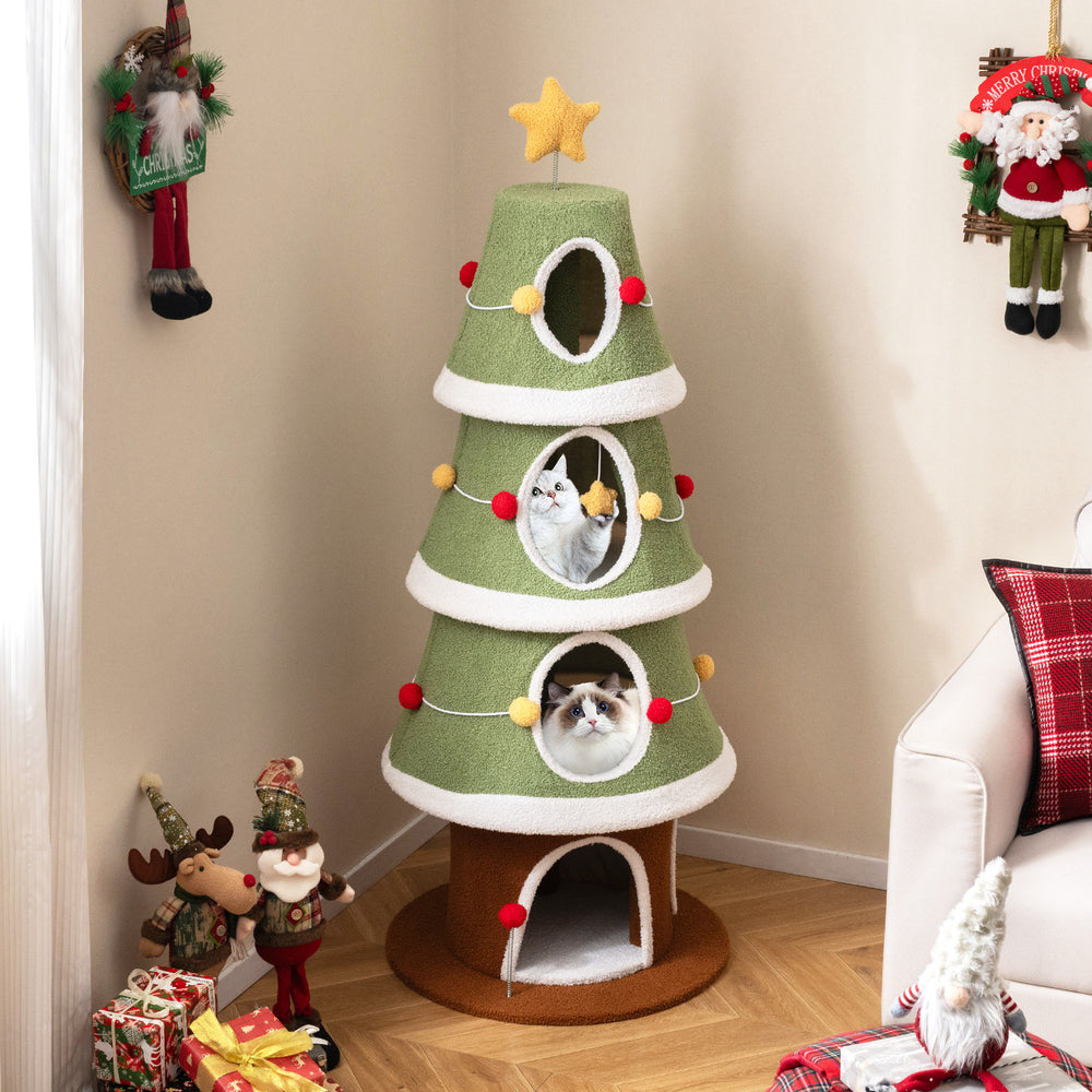 Large Christmas cat tree with four condos, green design, and festive decorations for indoor cats to play and relax.