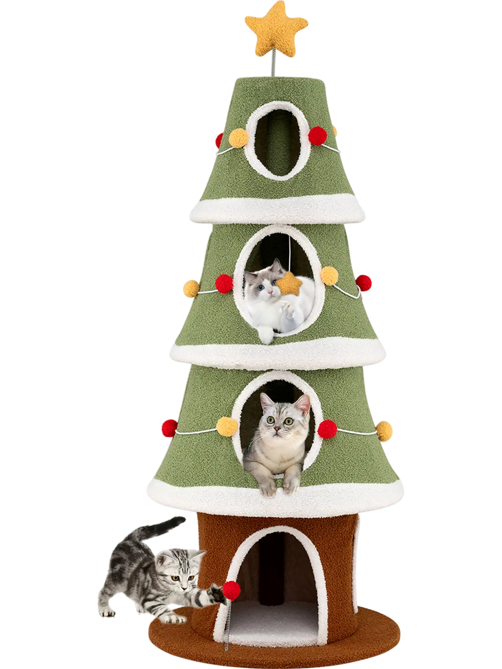 Large Christmas cat tree with 4 condos, green design, and star topper for playful indoor cat fun and interaction.