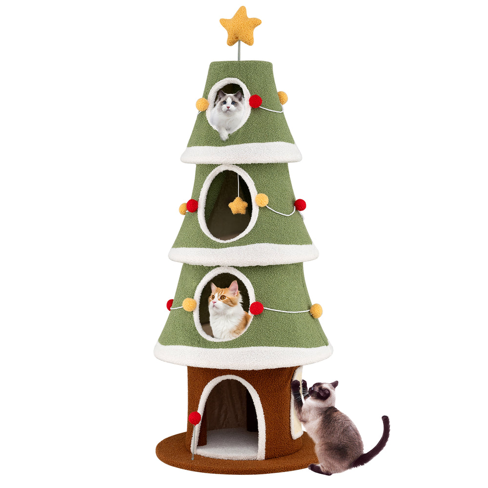 Large Christmas cat tree with 4 condos, green design, and playful star toys for indoor cats' fun and comfort.
