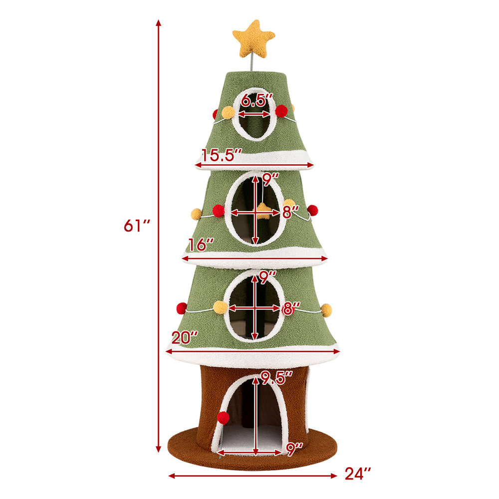 Large Christmas cat tree with 4 condos, green design, 61 inches tall, ideal for indoor cats and multi-cat households.