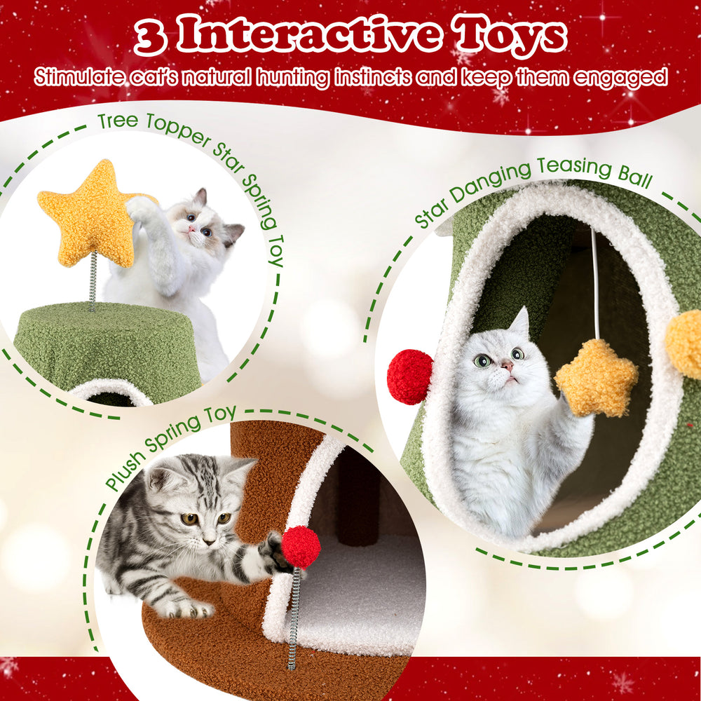 Large Christmas cat tree with interactive toys, including a star spring toy and dangling ball, for indoor play and.
