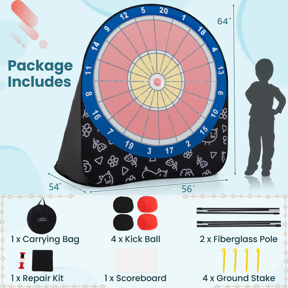 Large black dart board for kids with 4 kick balls, portable design for outdoor fun and easy setup at gatherings.