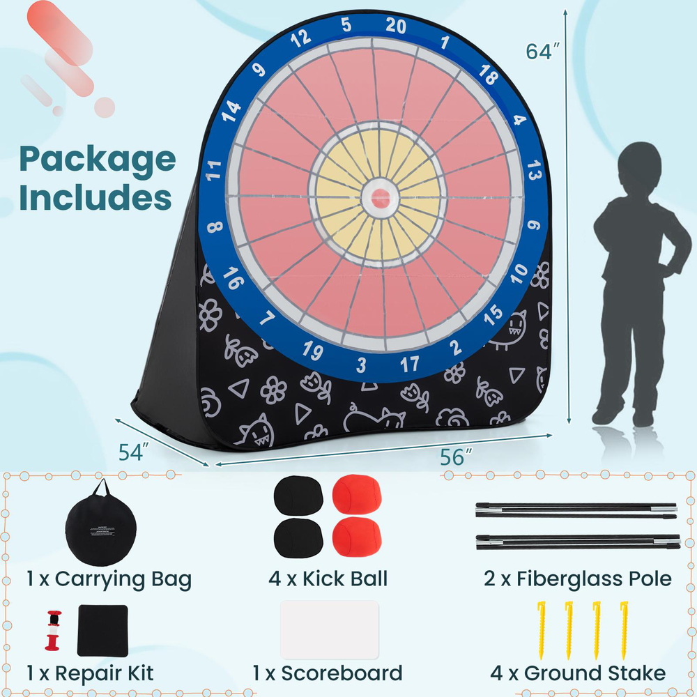 Large black dart board for kids with 4 kick balls, portable design for outdoor fun and easy setup at gatherings.