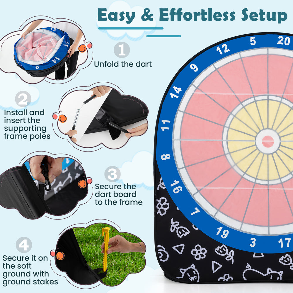 Large black dart board setup instructions with kick balls, ideal for outdoor games and family gatherings.
