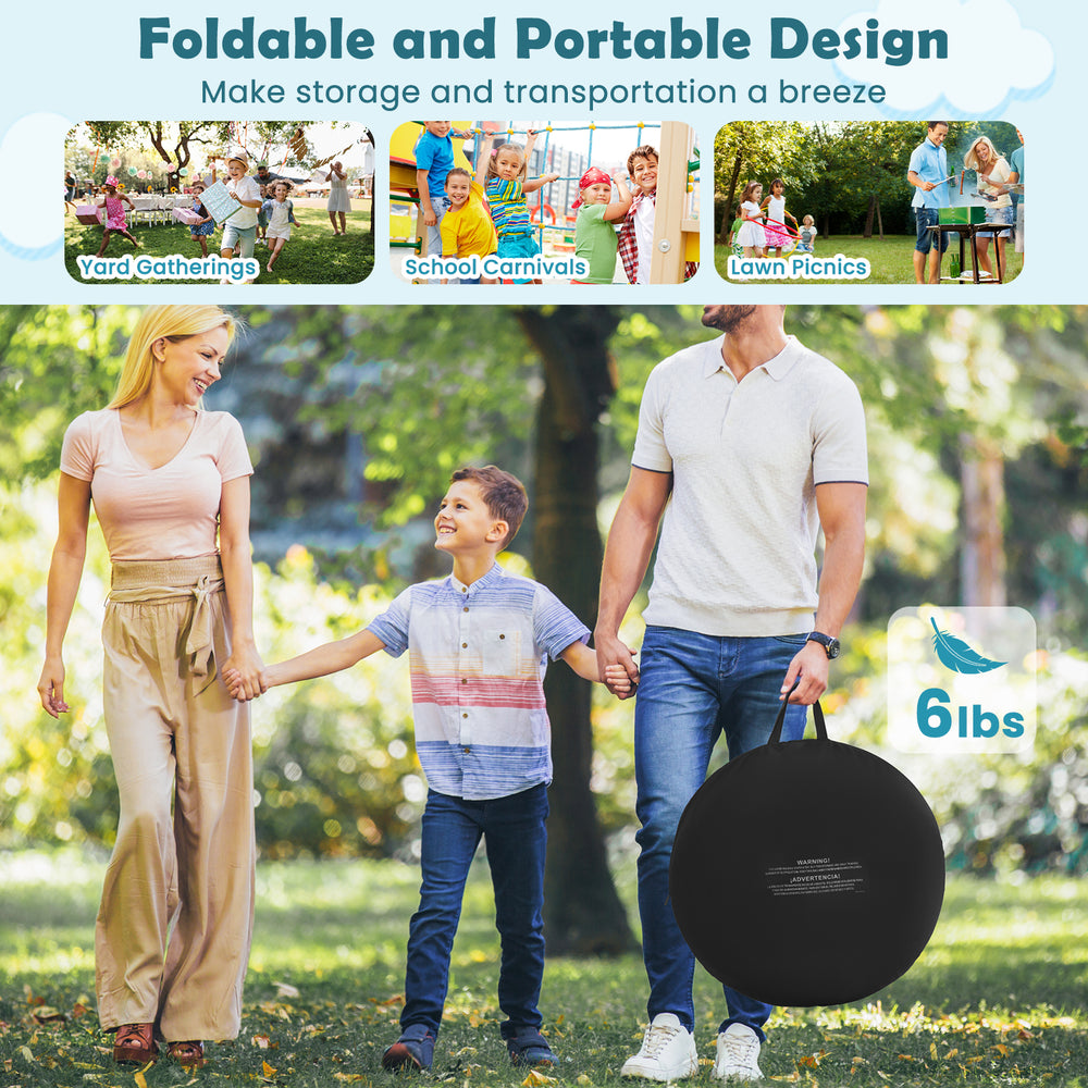 Large black dart board for kids with 4 sticky kick balls, foldable design for easy transport and outdoor fun.