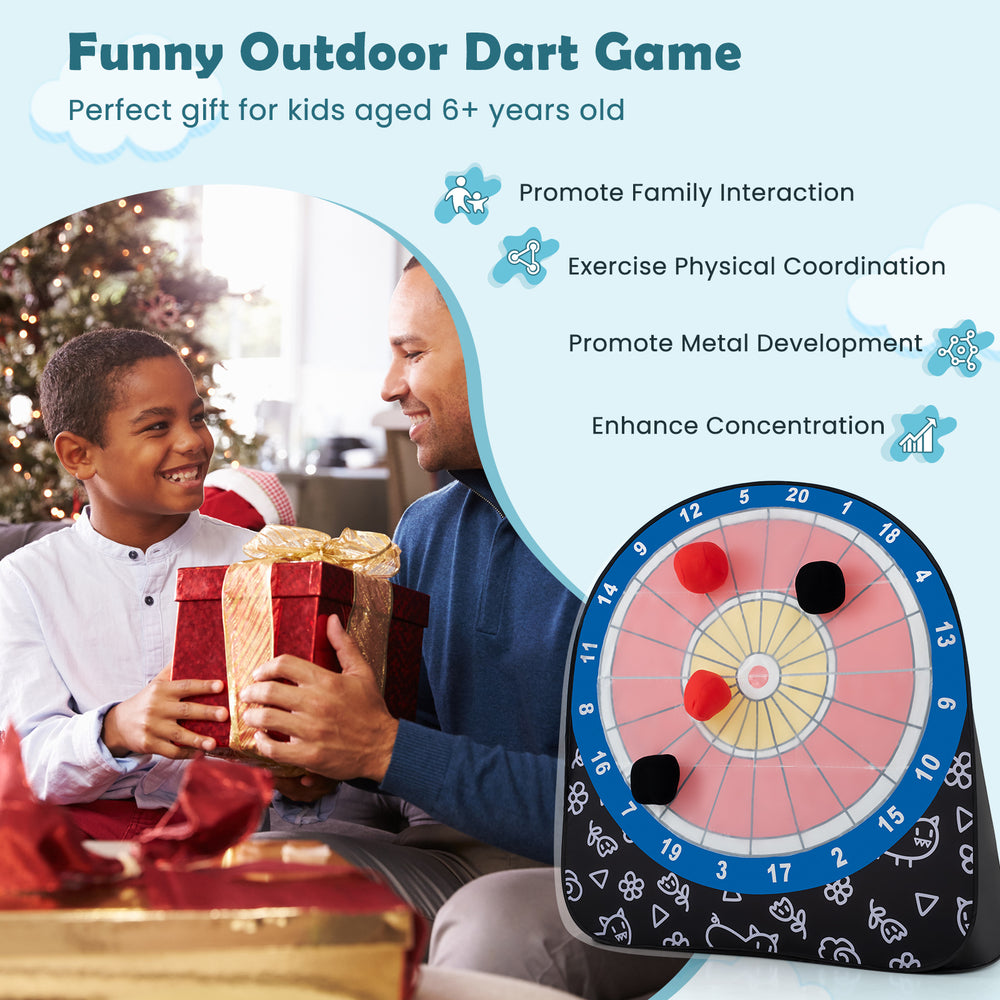 Large black dart board for kids with 4 sticky kick balls, perfect for outdoor games and family gatherings.