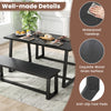 Large black dining table with waterproof surface, heavy-duty metal frame, and anti-slip foot pads for stability.