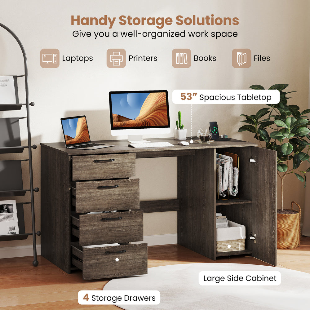 Gray 53-inch computer desk showcasing a large side cabinet and four storage drawers for efficient organization.