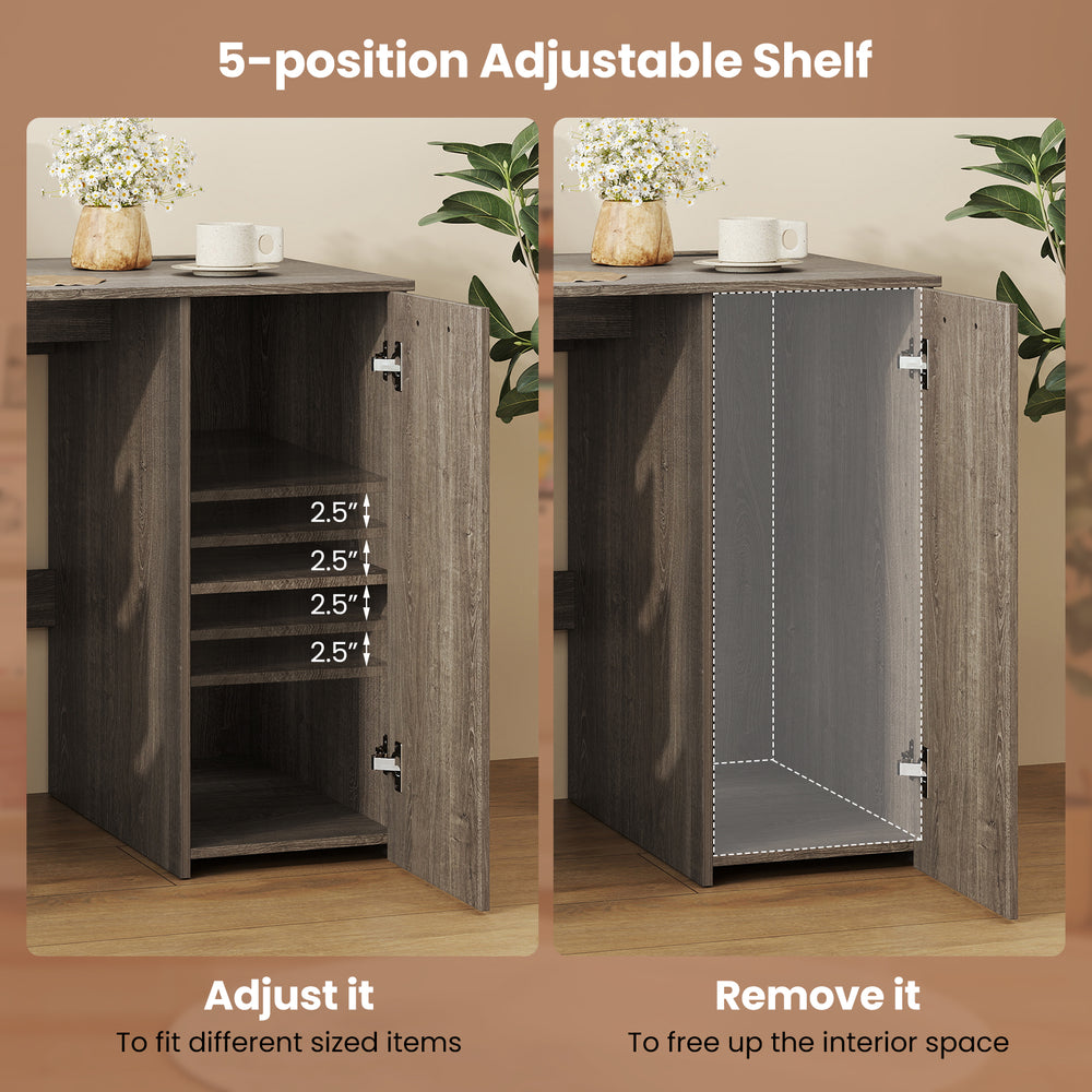 Adjustable shelf with 5 positions and 2.5" clearance for the 53-inch gray computer desk, enhancing storage flexibility.