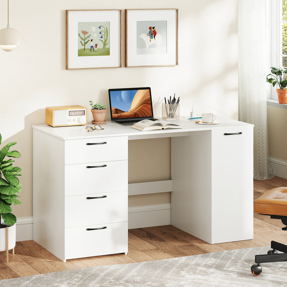 53 Inches Computer Desk with Power Outlets and 4 Storage Drawers-White - Gallery View 1 of 10