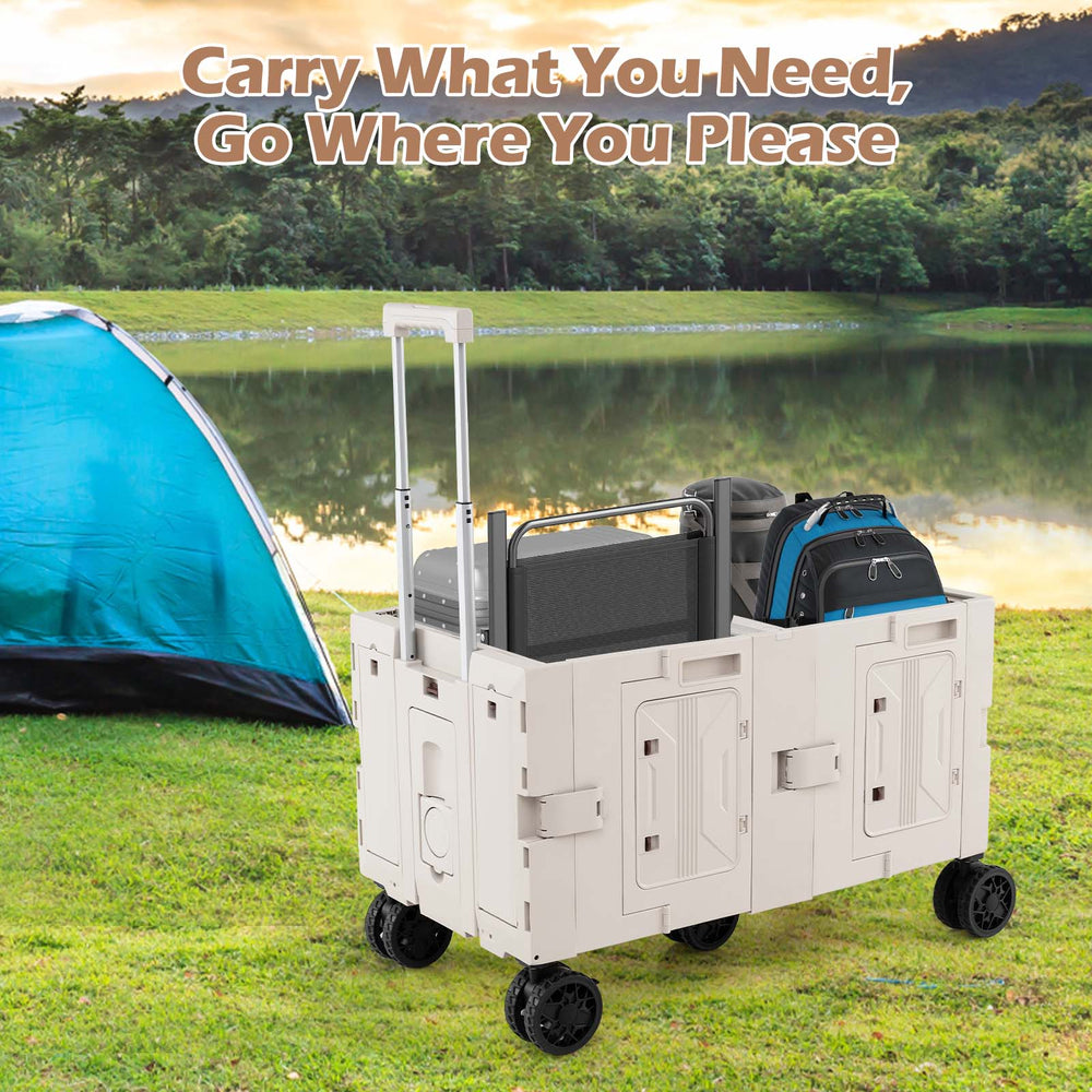 Large foldable utility cart with telescoping handle and two-tier storage crates, ideal for camping and shopping.