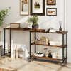 Large 360-degree rotating sofa side table in rustic brown with wheels and two open shelves for versatile storage.