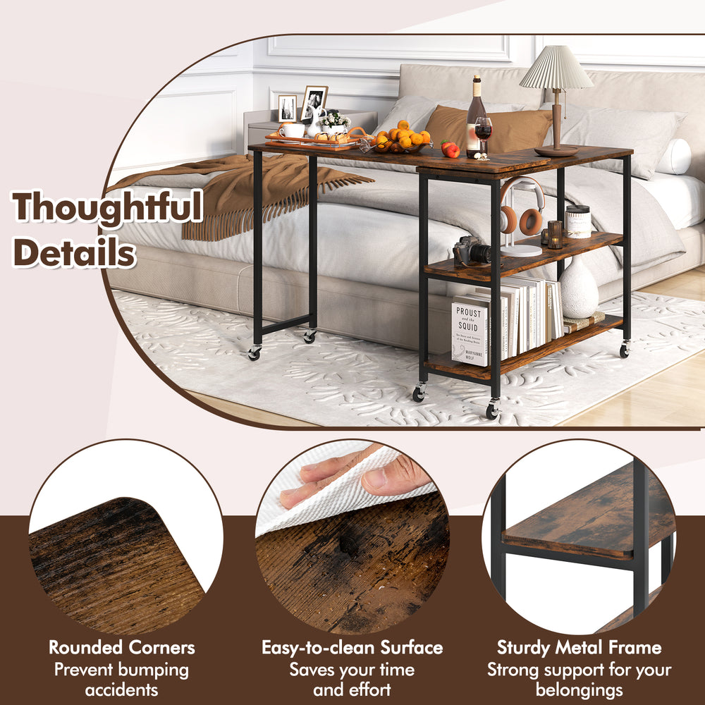 Rustic brown side table with sturdy metal frame and wheels, designed for easy mobility and versatile storage options.