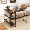 Large 360-degree rotating side table in rustic brown with wheels and two open shelves, ideal for living room or office.