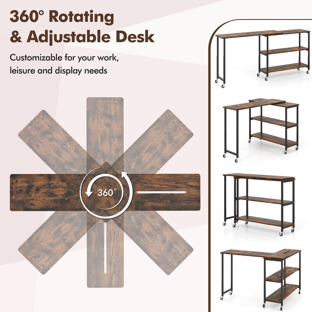 Large 360-degree rotating side table in rustic brown with wheels and two open shelves for versatile storage and easy.
