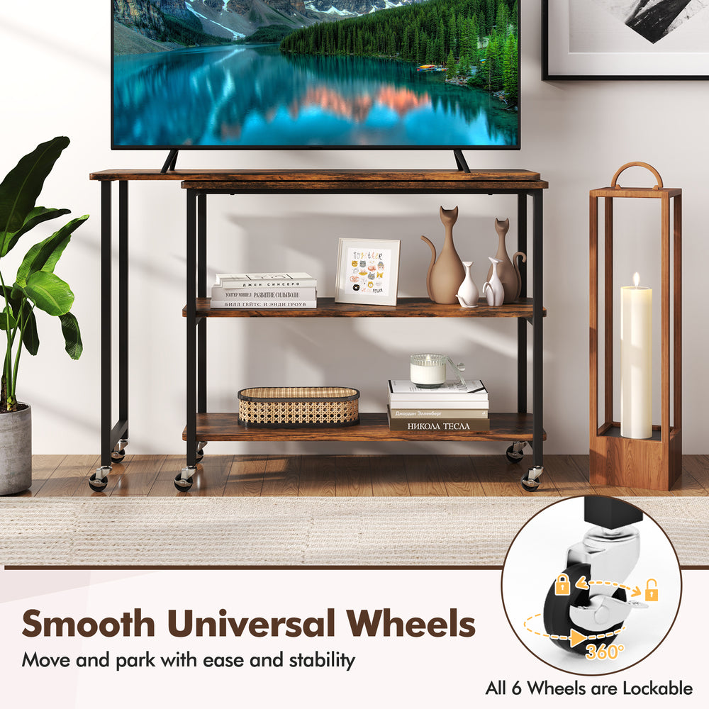 Rustic brown sofa side table with 360-degree rotation, featuring a durable steel frame and open shelves for efficient.