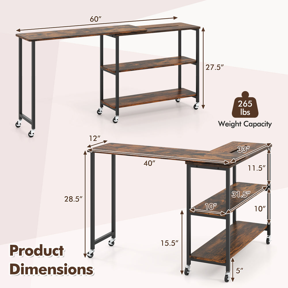 Large 360-degree rotating sofa side table in rustic brown with wheels, featuring a spacious desktop and 2-tier storage.