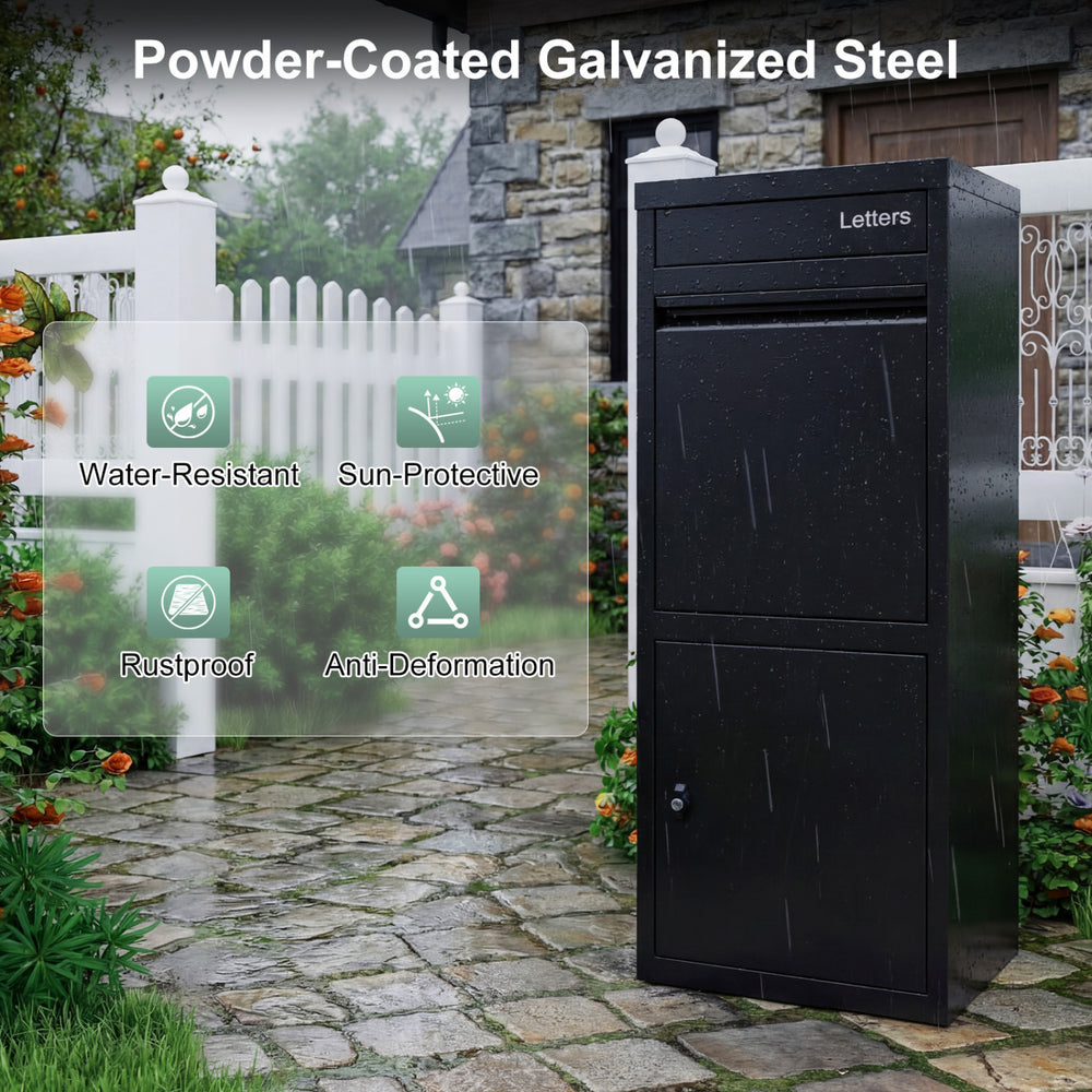 Large black galvanized package delivery box with anti-theft design, suitable for outdoor use and rustproof durability.