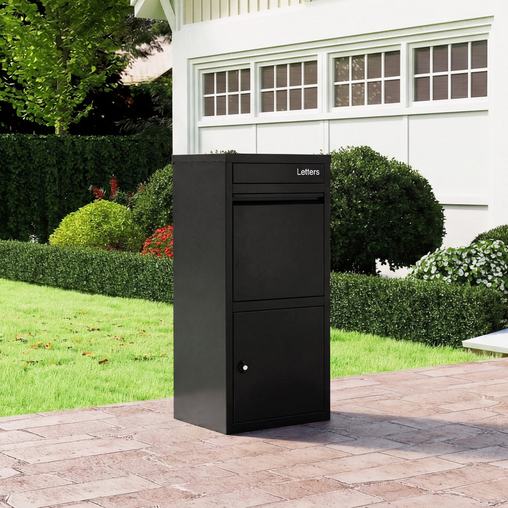 Large black galvanized package delivery box with anti-theft design, suitable for outdoor use in yard or porch.