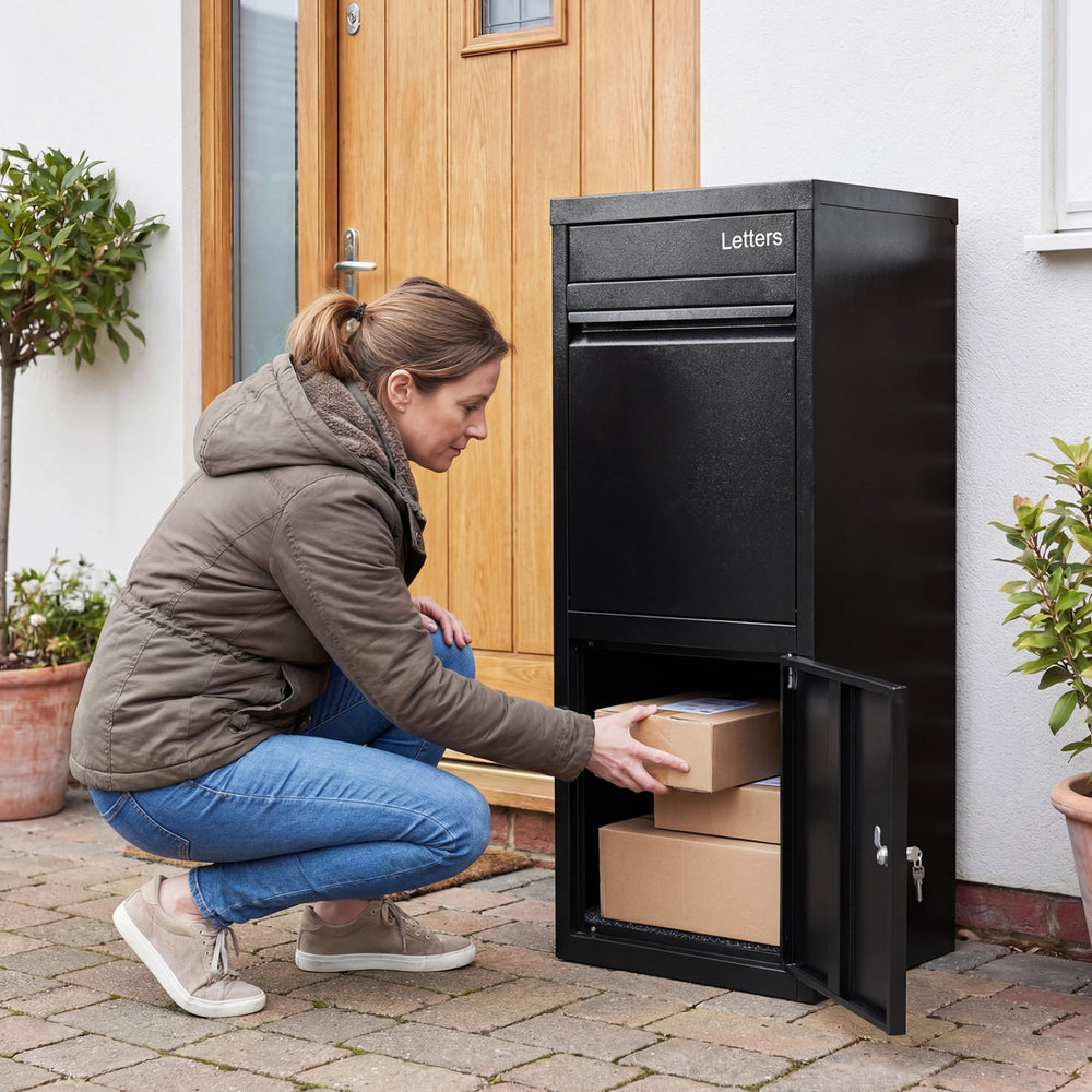 Large black galvanized package delivery box with anti-theft design, ideal for secure outdoor storage of mail and.