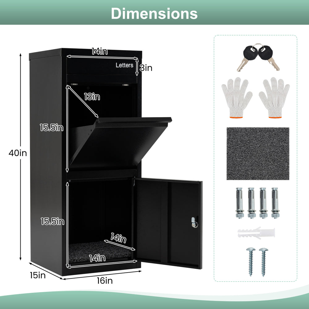 Large black galvanized package delivery box with anti-theft design, featuring mail slot and secure pickup compartment.