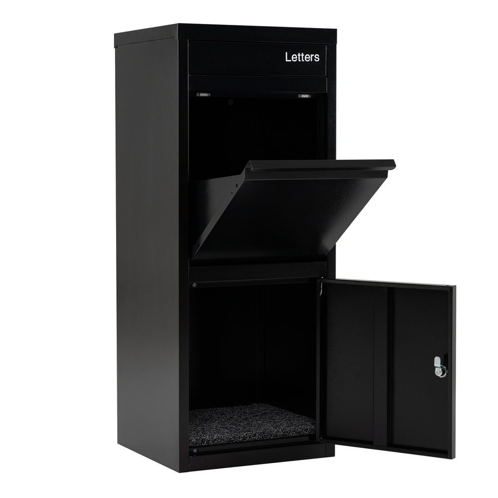 Large black galvanized package delivery box with anti-theft design, featuring mail and parcel slots for secure storage.