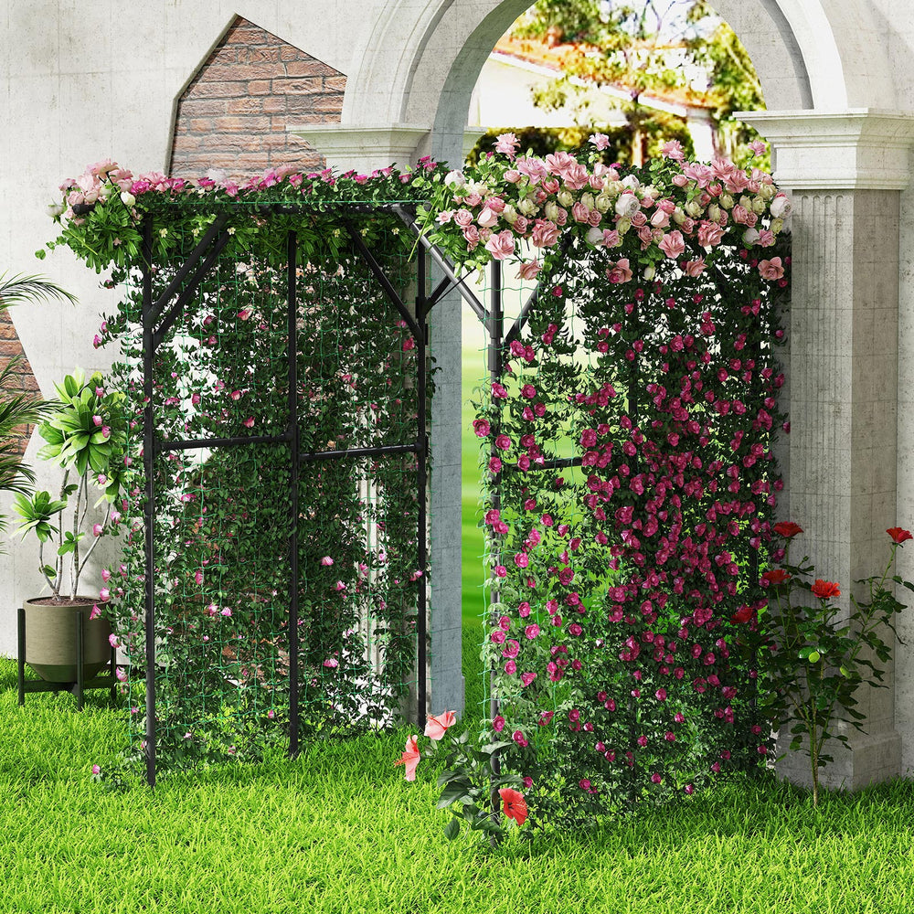 Large black garden arch trellis with climbing plants, ideal for outdoor grape vine support and enhancing garden.