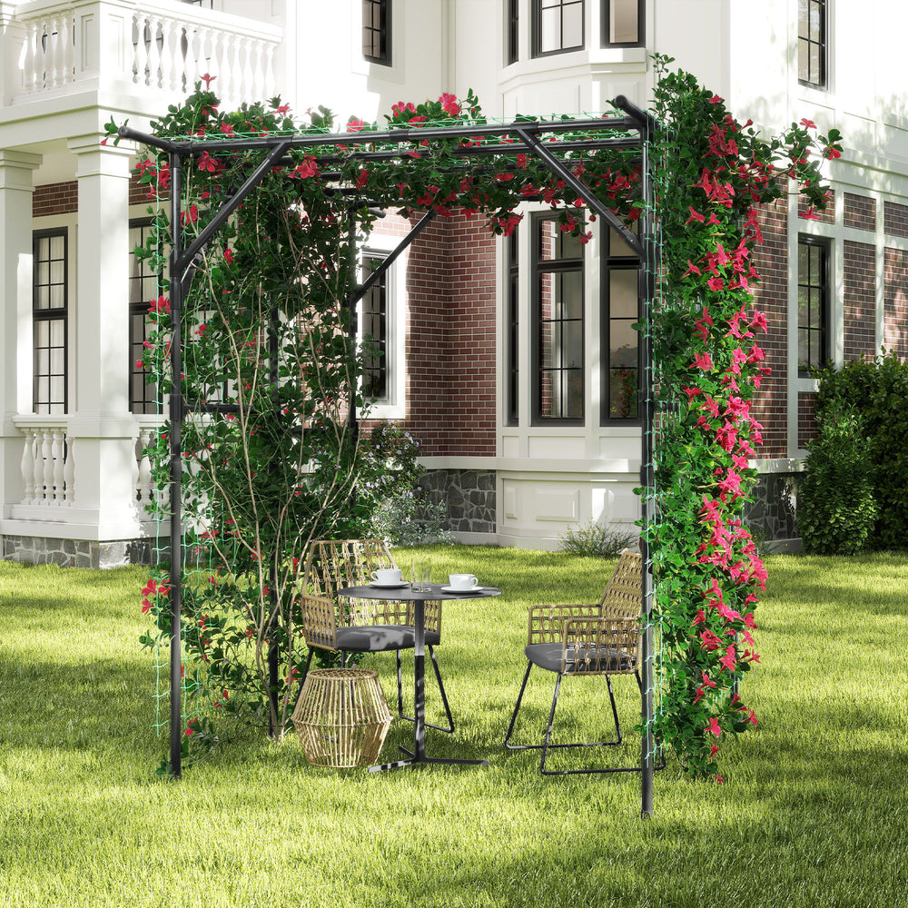 Large garden arch trellis in black with climbing plants, providing shade and support for outdoor relaxation.