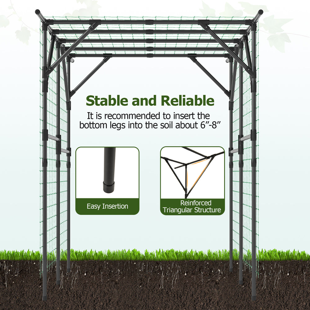 Large garden arch trellis in black for climbing plants, featuring a reinforced triangular structure for stability and.
