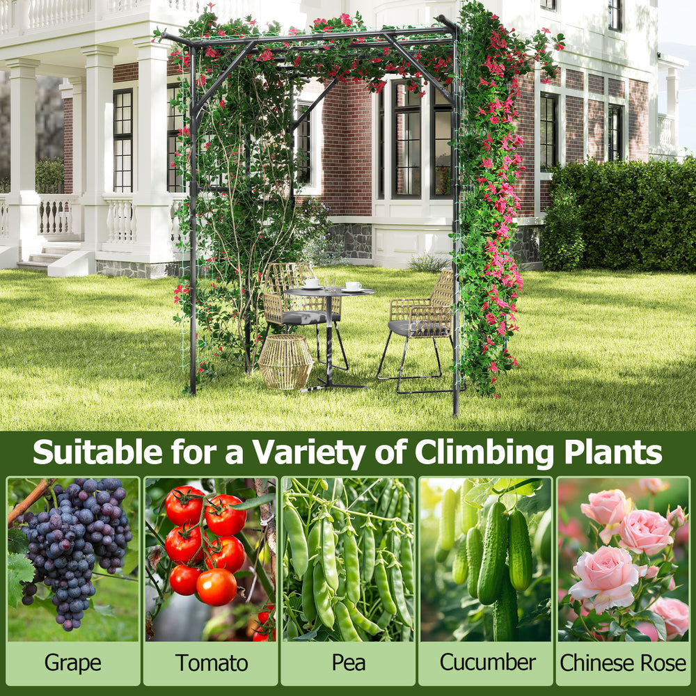 Large garden arch trellis in black, ideal for climbing plants, providing shade and support for outdoor relaxation.