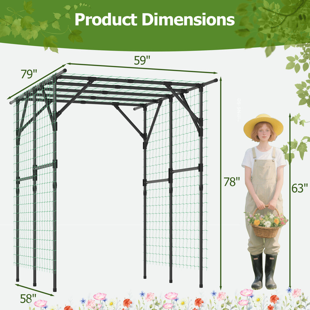 Large garden arch trellis for climbing plants, black metal frame, 79"x59"x78", ideal for outdoor grape vine support.