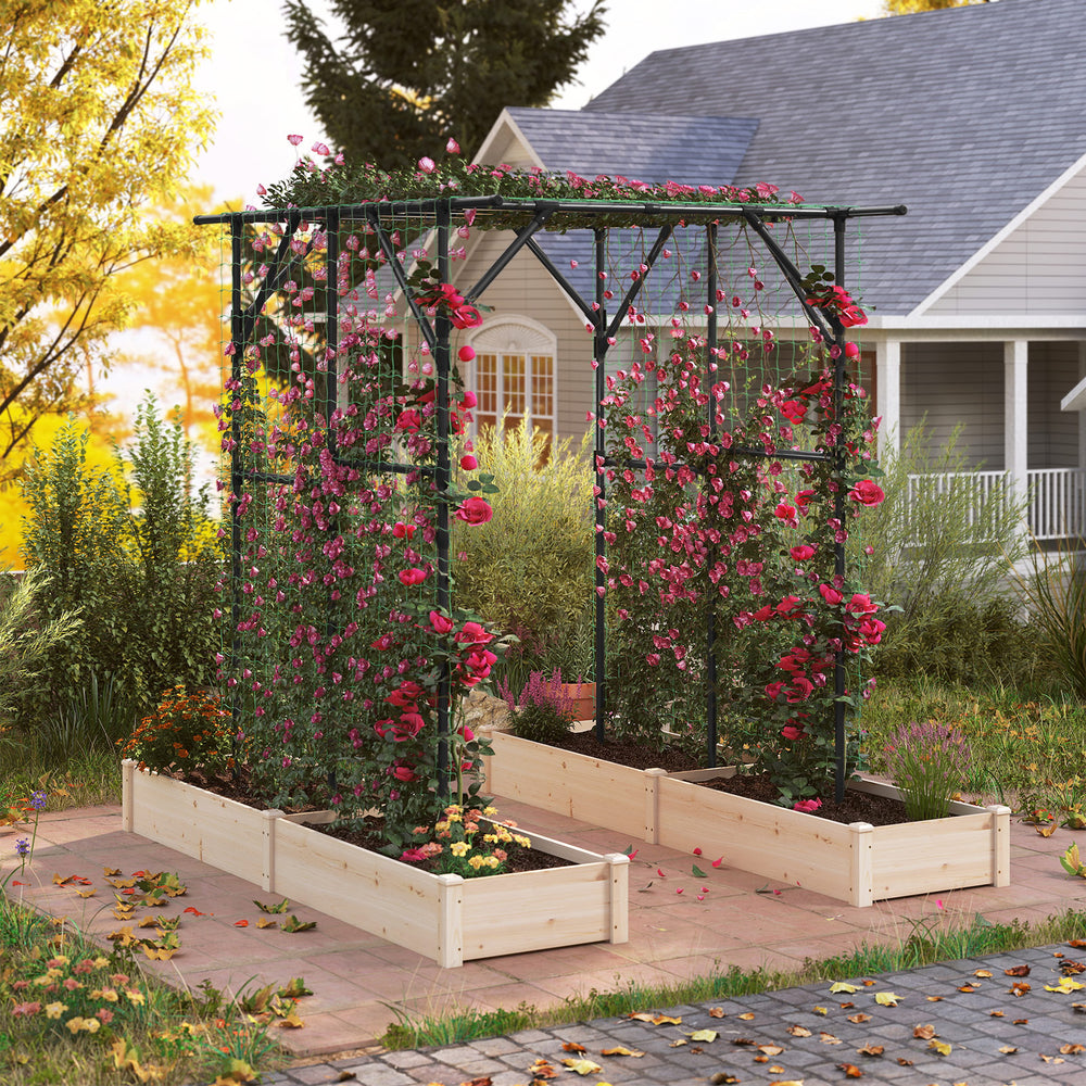 Large black garden arch trellis for climbing plants, made of weather-resistant metal, ideal for outdoor relaxation and.