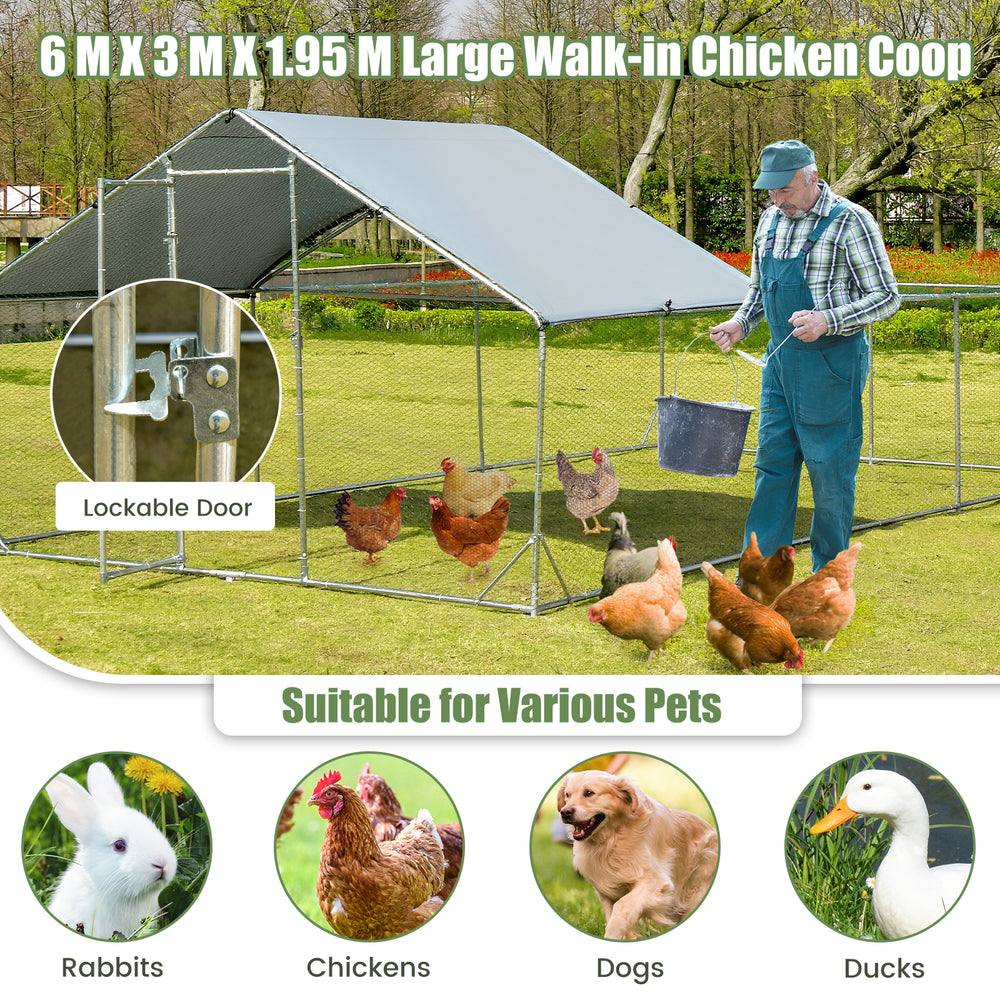 Large metal chicken coop with waterproof cover, featuring a lockable door and sturdy galvanized steel frame for various.
