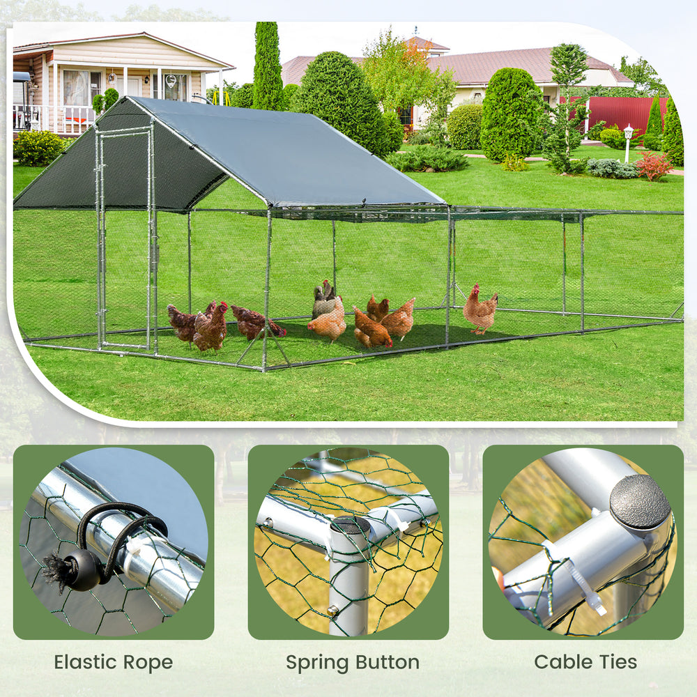 Large metal chicken coop with waterproof cover, featuring sturdy galvanized steel pipes and a safe door for pets.