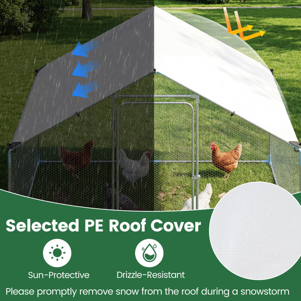 Large metal chicken coop with waterproof PE roof cover, featuring sun protection and drizzle resistance for outdoor use.