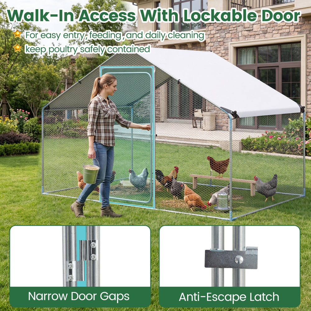 Large metal chicken coop with waterproof cover, featuring a walk-in door and lockable latch for secure poultry access.