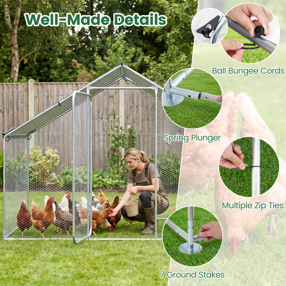 Large metal chicken coop with waterproof cover, featuring galvanized steel frame and sturdy mesh for predator.