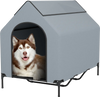 Elevated outdoor pet house with waterproof canopy, ventilated windows, and breathable mesh for comfort and airflow.