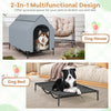 Elevated pet house with ventilated windows, waterproof canopy, and detachable dog bed for indoor and outdoor use.