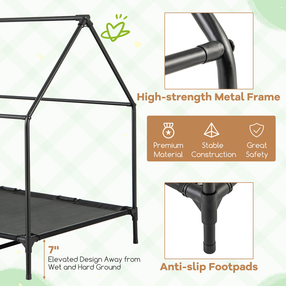 Large outdoor elevated pet house featuring a high-strength metal frame, waterproof canopy, and ventilated windows for.